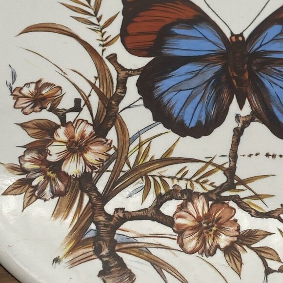 Vtg Wall Plaque Tile Trivet Butterfly Blue Brown Flowering Branch Wood Octagon - Picture 4 of 11